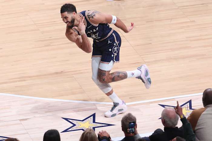 Jayson Tatum celebrates a shot during the 2024 NBA All-Star Game.
